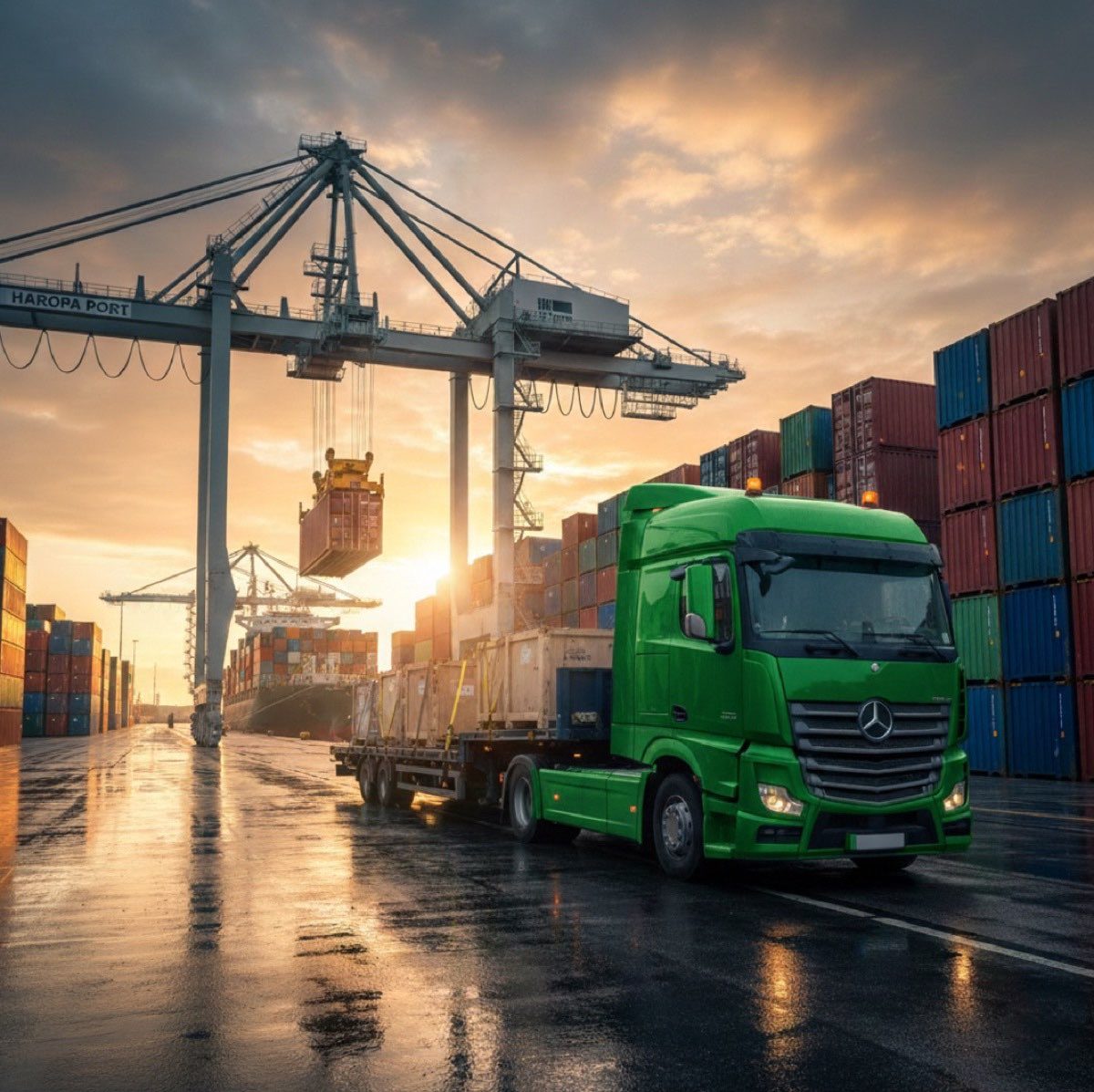 Semi-remorque sur le terminal à conteneurs du port du Havre